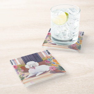 White Poodle   Dog Pet Watercolor Flowers Glass Coaster