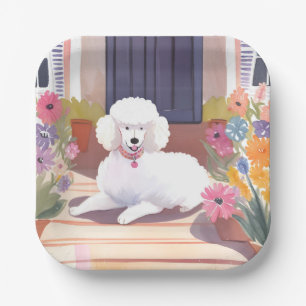 White Poodle Dog Pet Watercolor Flowers Paper Plate