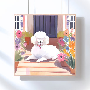 White Poodle Dog Pet Watercolor Flowers Poster