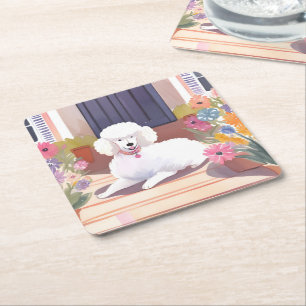 White Poodle   Dog Pet Watercolor Flowers Square Paper Coaster