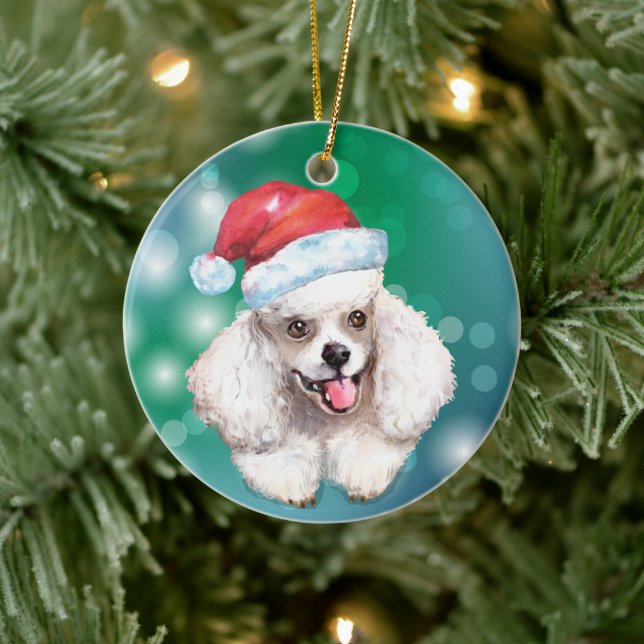 White Poodle Dog Red Santa Hat Christmas Ceramic Ornament (Tree)