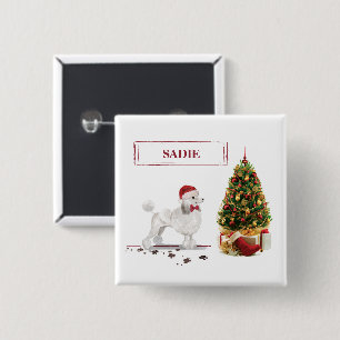 White Poodle Funny Christmas Dog with Tree 15 Cm Square Badge
