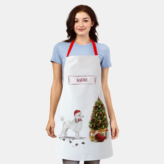 White Poodle Funny Christmas Dog with Tree Apron (Worn)