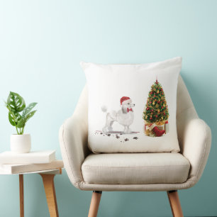 White Poodle Funny Christmas Dog with Tree Cushion