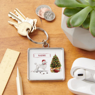 White Poodle Funny Christmas Dog with Tree Key Ring