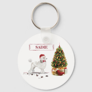 White Poodle Funny Christmas Dog with Tree Key Ring