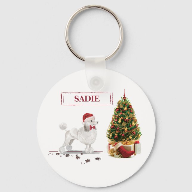 White Poodle Funny Christmas Dog with Tree Key Ring (Front)