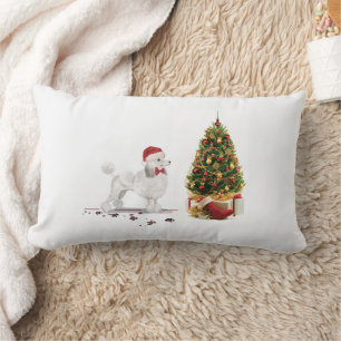 White Poodle Funny Christmas Dog with Tree Lumbar Cushion