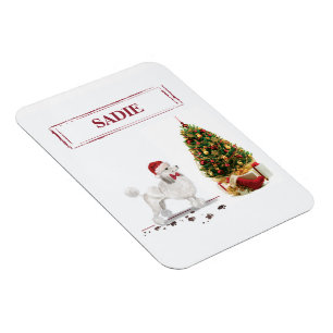 White Poodle Funny Christmas Dog with Tree Magnet