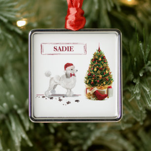 White Poodle Funny Christmas Dog with Tree Metal Ornament