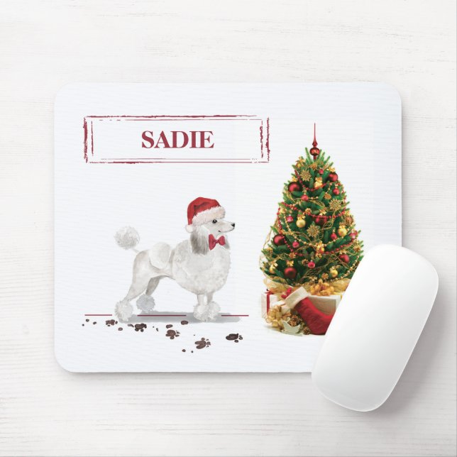 White Poodle Funny Christmas Dog with Tree Mouse Pad (With Mouse)