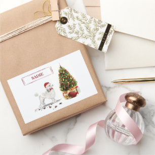 White Poodle Funny Christmas Dog with Tree Rectangular Sticker