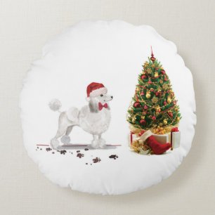 White Poodle Funny Christmas Dog with Tree Round Cushion