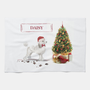 White Poodle Funny Christmas Dog with Tree Tea Towel