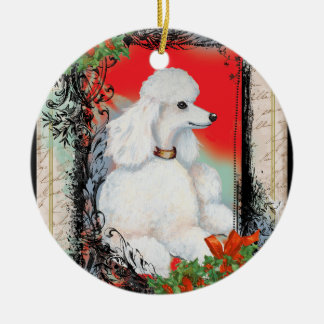 White Poodle & Holly Christmas Ceramic Tree Decoration