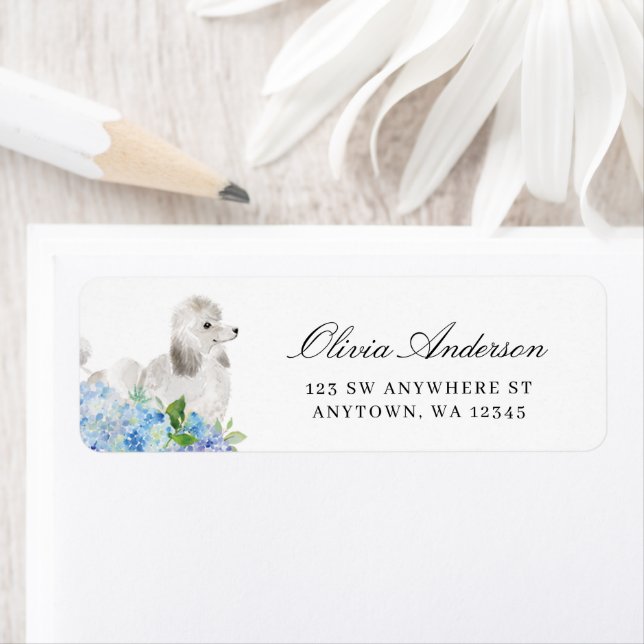 White Poodle Hydrangea Return Address Label (Insitu)