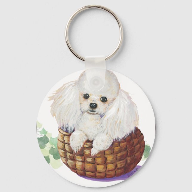 White Poodle in Basket Art Print Keychain (Front)