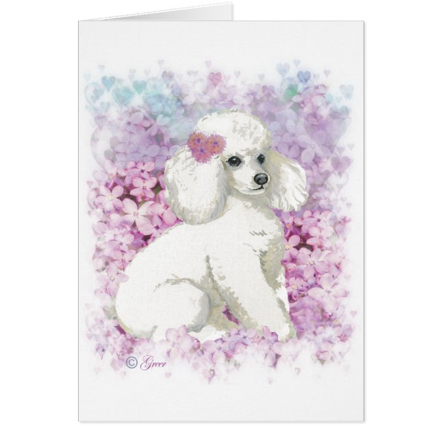 White Poodle in the Lilacs Art and Gifts (Front)