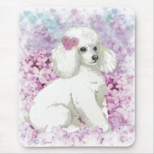 White Poodle in the Lilacs Art and Gifts Mouse Pad