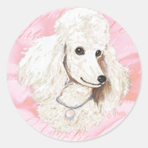 White Poodle n Rose Portrait Classic Round Sticker