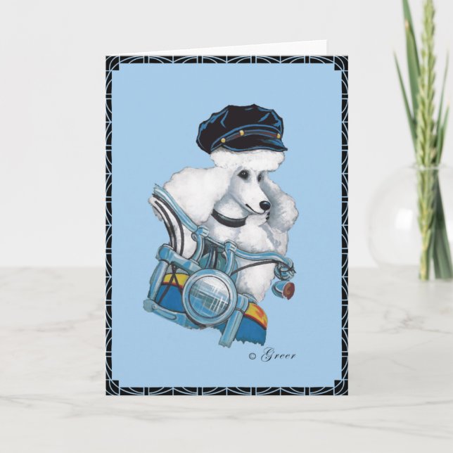 White Poodle on a Harley Motorcycle Greeting Card (Front)