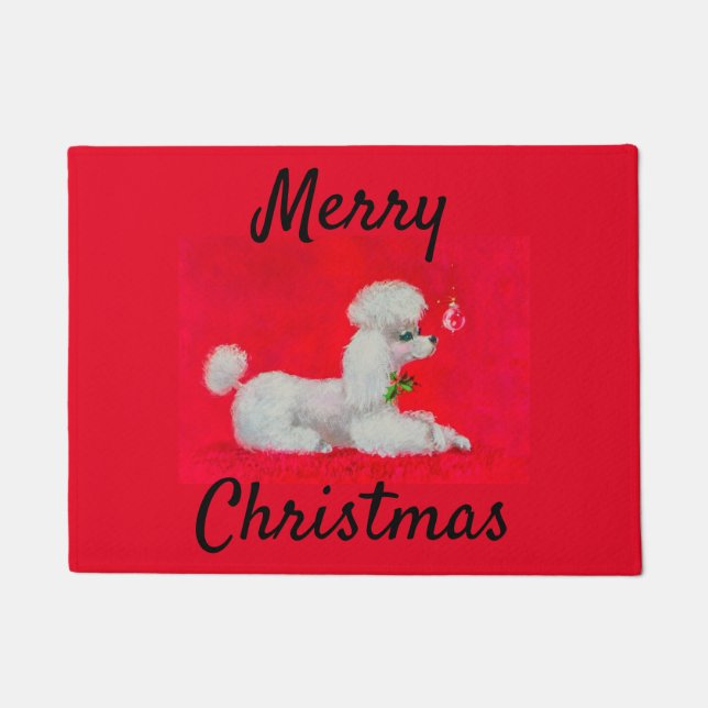 White Poodle on Red Carpet Christmas Doormat (Front)
