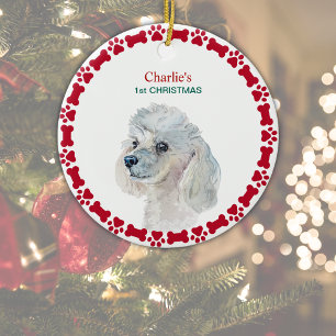 White Poodle Personalized Watercolor Christmas Ceramic Ornament
