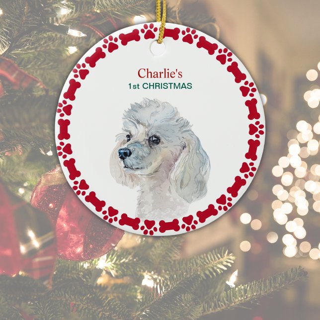 White Poodle Personalized Watercolor Christmas Ceramic Ornament (Customize with Dog's Name on front, Year on reverse.  Edit '1st Christmas' or delete if not wanted. )