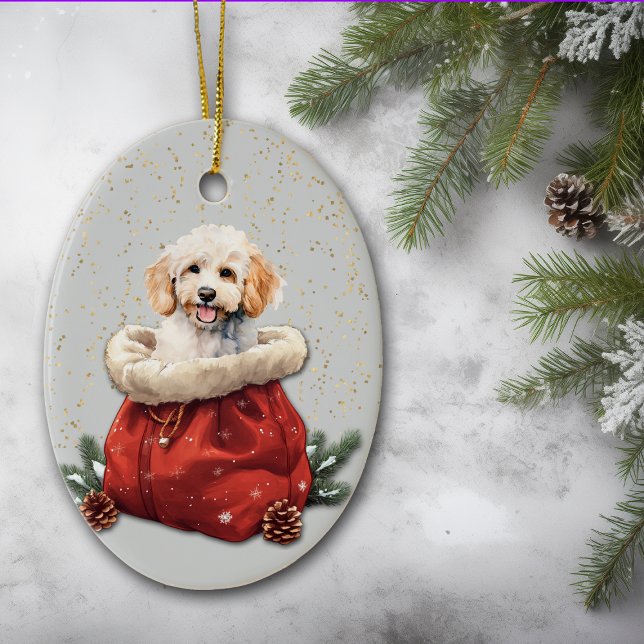 White Poodle Puppy Christmas Gift Bag Ceramic Ornament (Creator Uploaded)