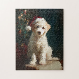 White Poodle Puppy Christmas Painting Jigsaw Puzzle