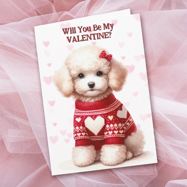 White Poodle Puppy in Sweater Valentine Holiday Card (Creator Uploaded)
