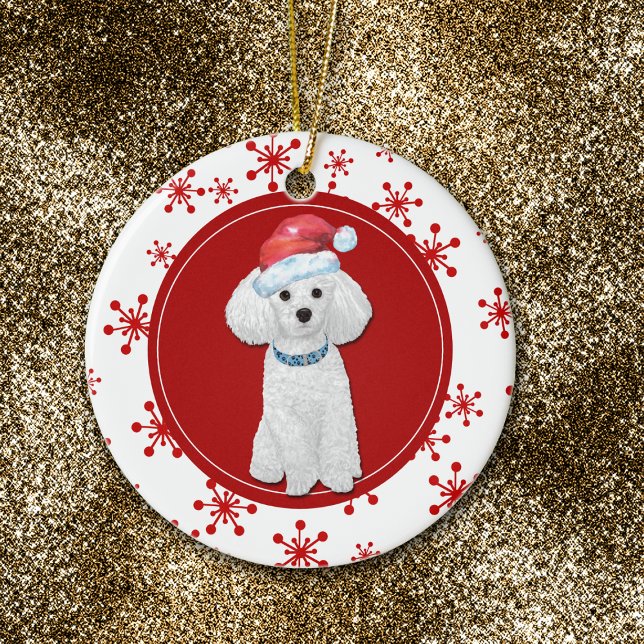 White Poodle Red Snowflake Border Ceramic Ornament (Creator Uploaded)