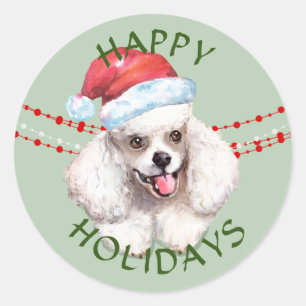 White Poodle Santa Hat Happy Holidays Classic Round Sticker