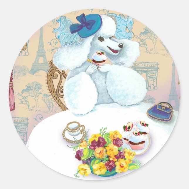 White Poodle Tea Party with Cupcakes Classic Round Sticker (Front)