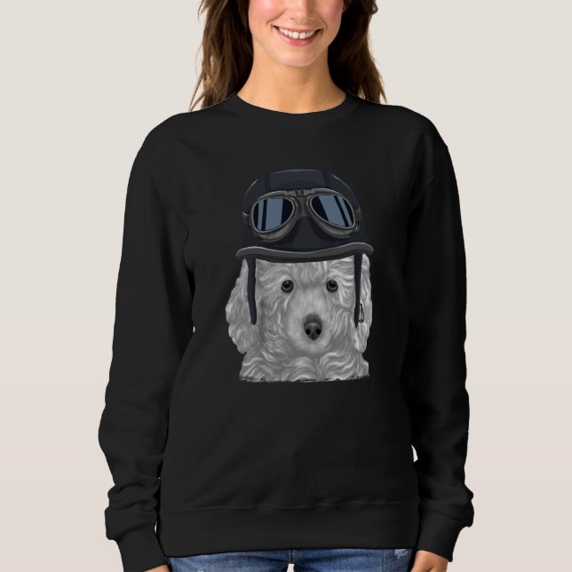 White Poodle Wearing Vintage Motorcycle Helmet Sweatshirt (Front)