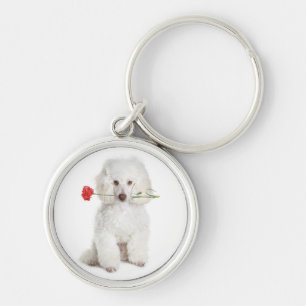 White Poodle with Carnation Key Premium Chain Key Ring