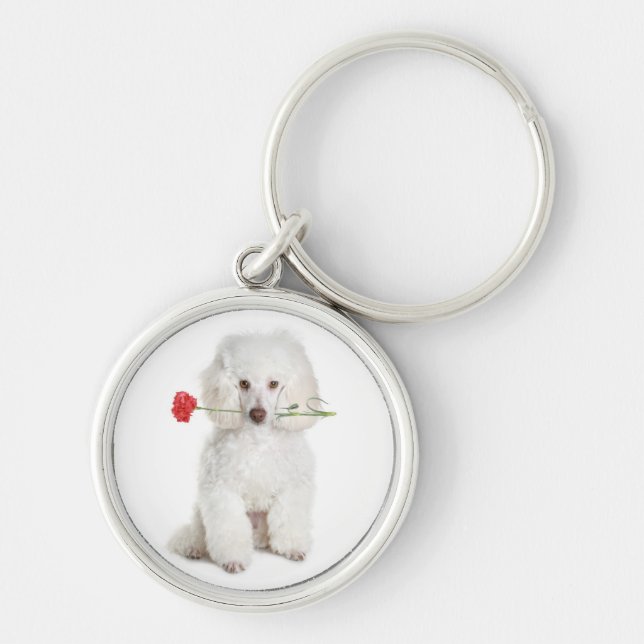 White Poodle with Carnation Key Premium Chain Key Ring (Front)