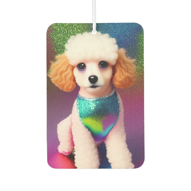 White Poodle with Cream Ears on Rainbow Sparkle    Car Air Freshener (Front)