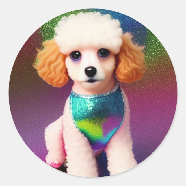 White Poodle with Cream Ears on Rainbow Sparkle  Classic Round Sticker (Front)