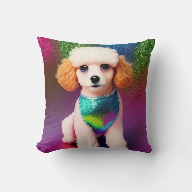 White Poodle with Cream Ears on Rainbow Sparkle Cushion (Front)