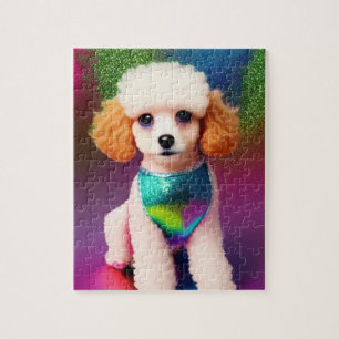 White Poodle with Cream Ears on Rainbow Sparkle   Jigsaw Puzzle