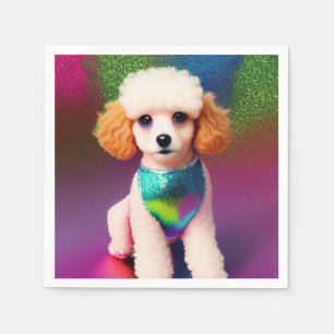 White Poodle with Cream Ears on Rainbow Sparkle   Napkin