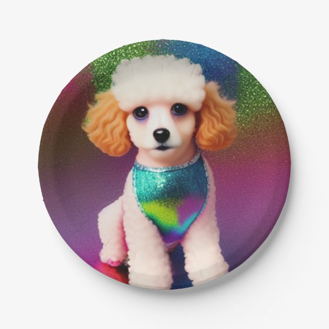 White Poodle with Cream Ears on Rainbow Sparkle   Paper Plate (Front)