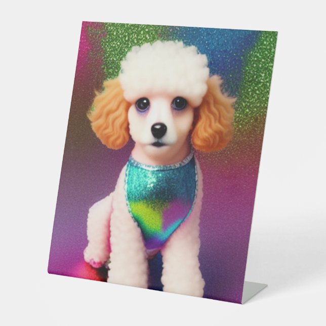 White Poodle with Cream Ears on Rainbow Sparkle   Pedestal Sign (Front)