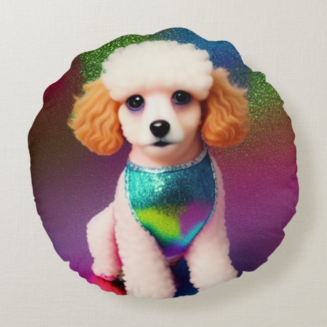 White Poodle with Cream Ears on Rainbow Sparkle   Round Cushion (Back)