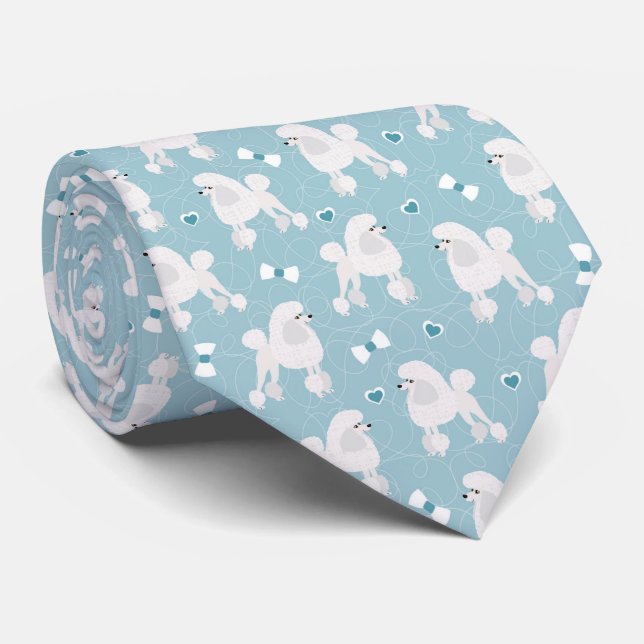 White Poodles and Bows Pattern Blue Tie (Rolled)