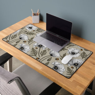 White poppies and ladybugs desk mat