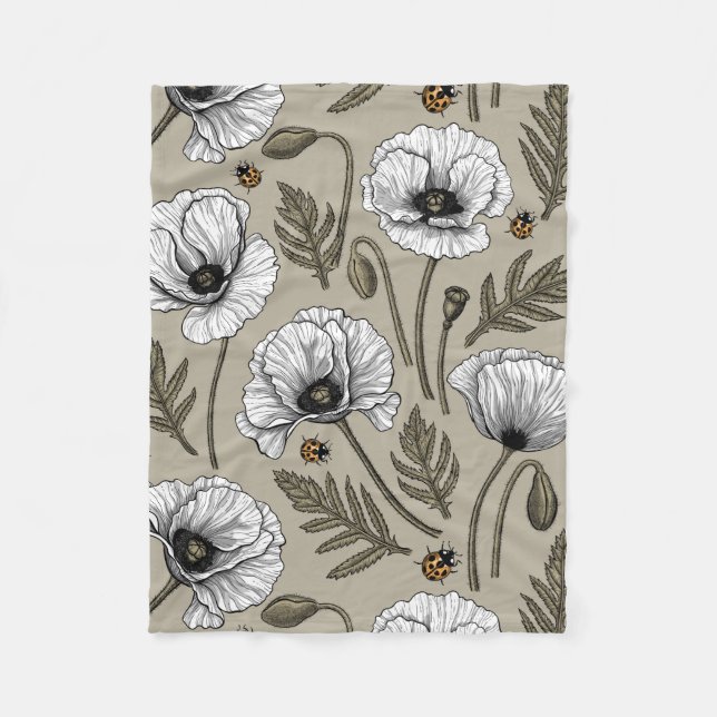 White poppies and ladybugs fleece blanket (Front)