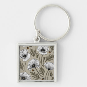 White poppies and ladybugs key ring