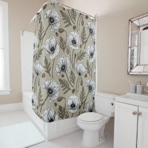 White poppies and ladybugs shower curtain